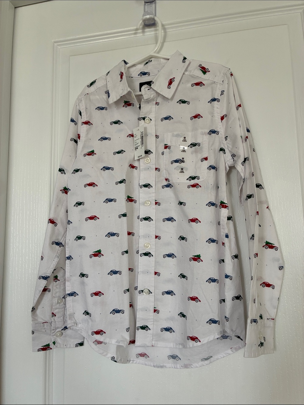 The Children's Place White Button-Up Shirt with Red, Blue & Green Car Motif